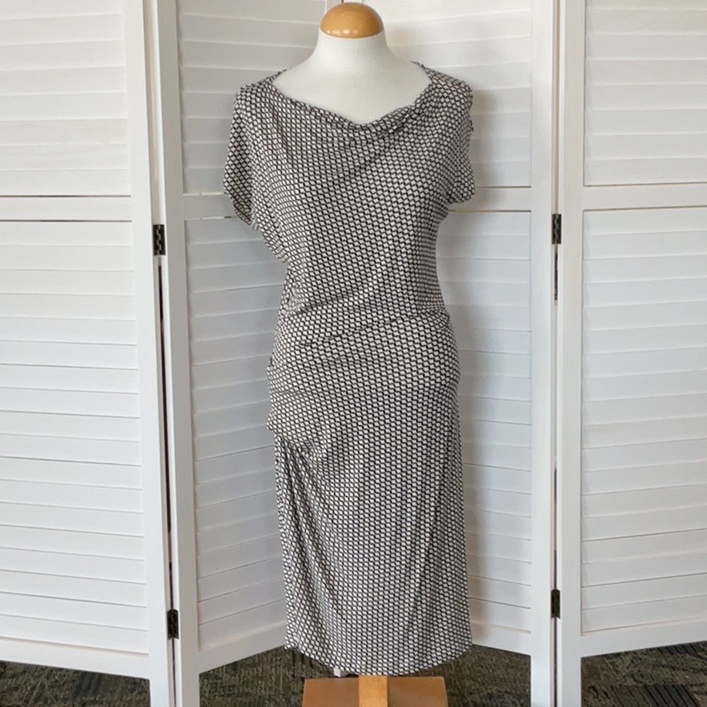 CAbi Black and White Ruched Midi Dress with Dolman Sleeves